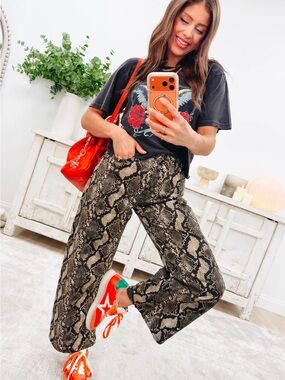 Snake Print Barrel Leg Pants - Beige/Black